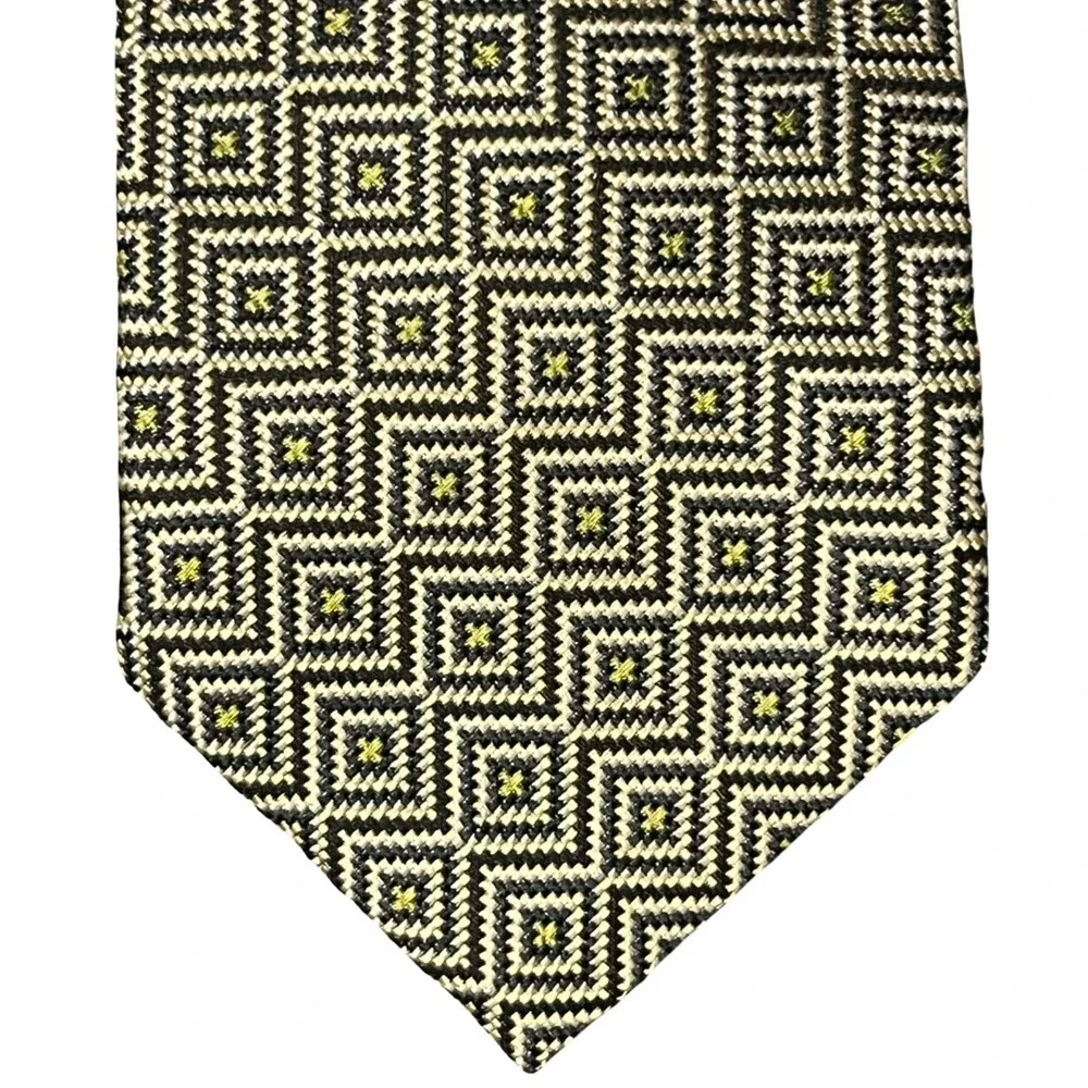 HUGO BOSS Geometric Patterned‎ Silk Tie Mens Necktie Black Gold Accent